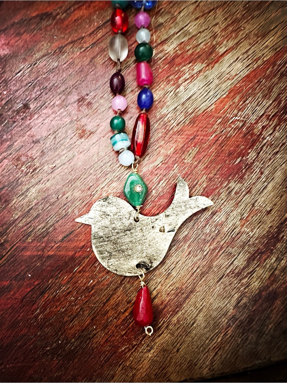 Brass Bird, Glass Knotted Unique Bead Necklace - Picture 2 of 5